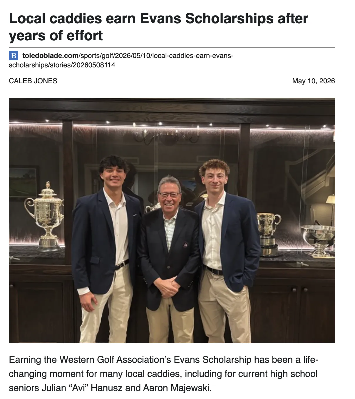 Chick Evans Scholarship announcement for Avi Hanusz